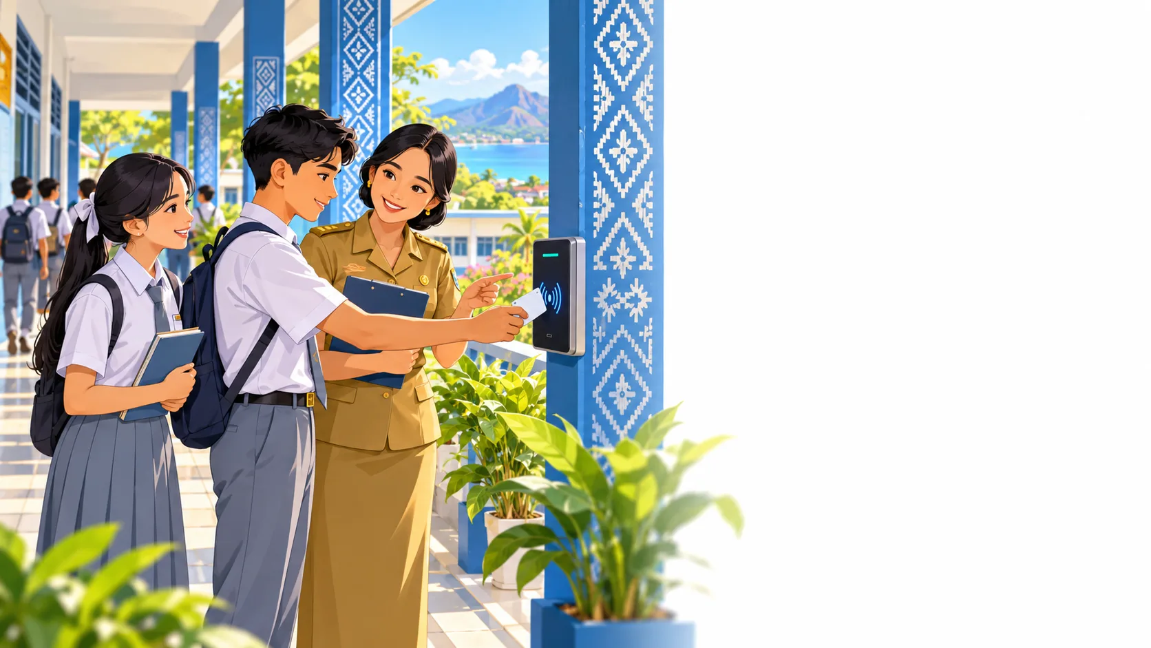 Guru dan siswa menggunakan perangkat presensi RFID